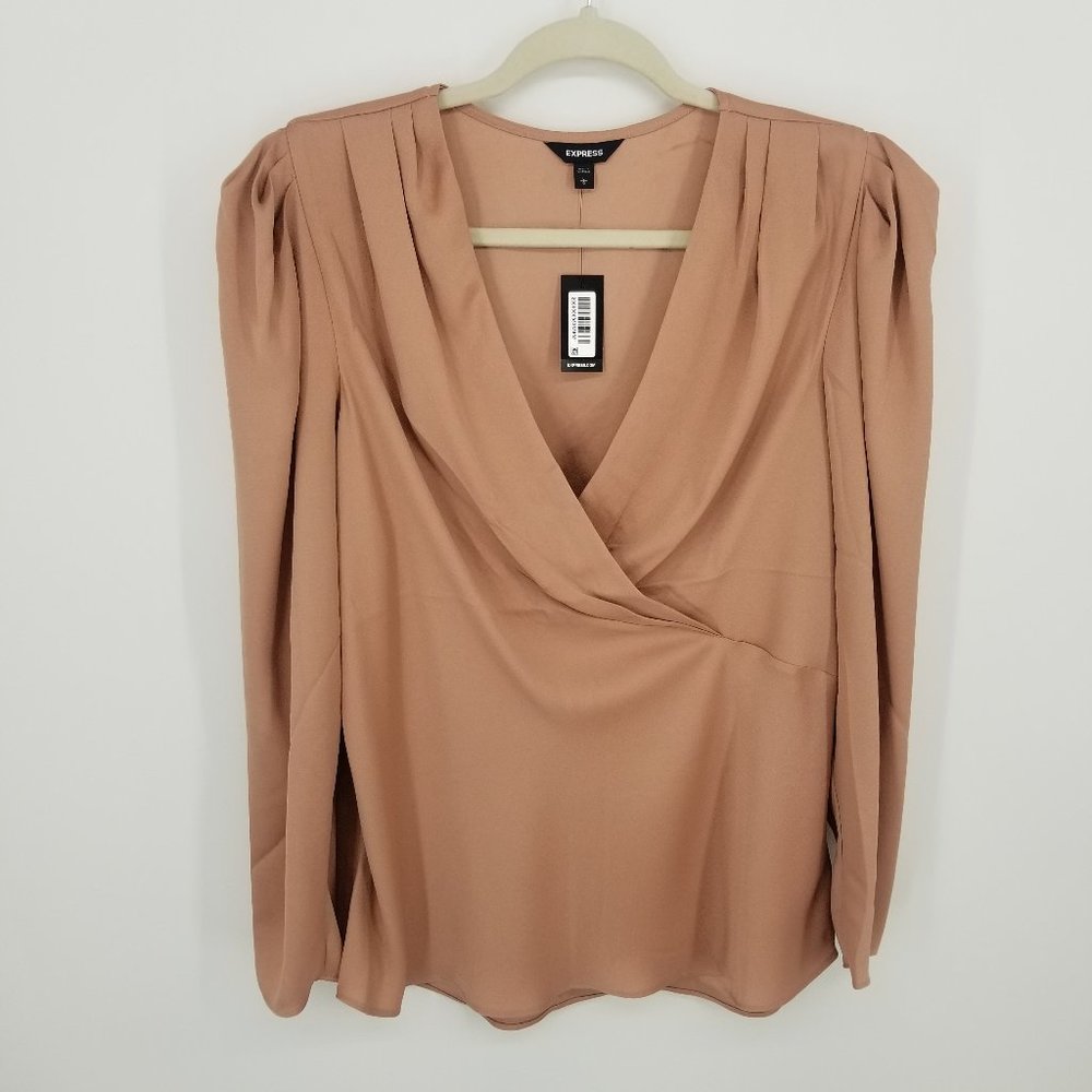 Express Pleated Puff Sleeve Deep V Top NWT L